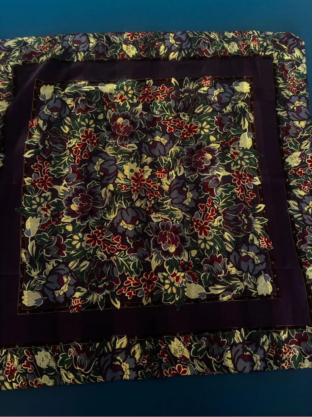 Vintage Floral Print Silk Scarf Blue Purple Pink Multi-Color